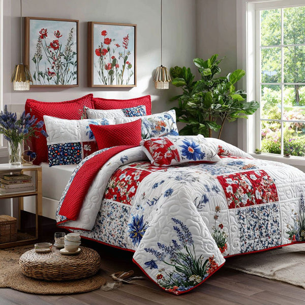 Patriotic Charm quilted 3-piece bedding set on a made bed in a warmly lit bedroom