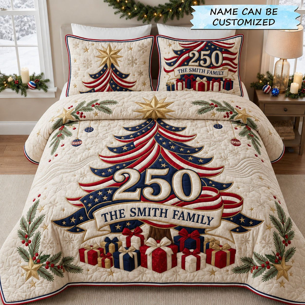 Patriotic Christmas Tree quilted 3-piece bedding set on a made bed in a winter-styled bedroom