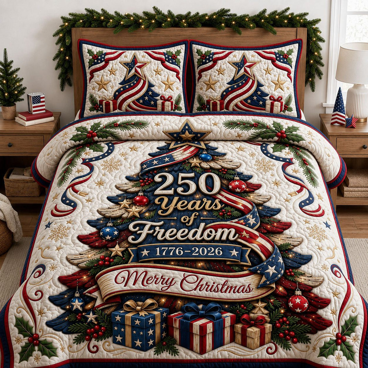Patriotic Christmas Tree quilted 3-piece bedding set on a made bed in a winter-styled bedroom