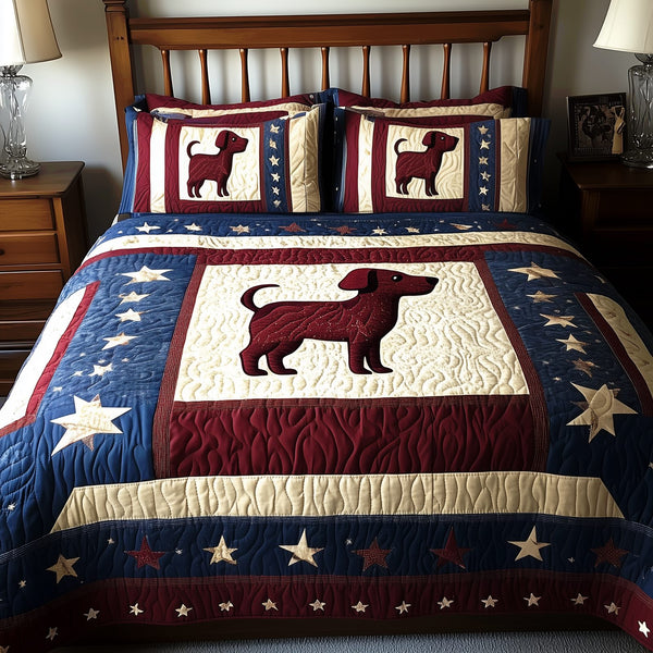 Patriotic Dachshund quilted 3-piece bedding set on a made bed in a warmly lit bedroom