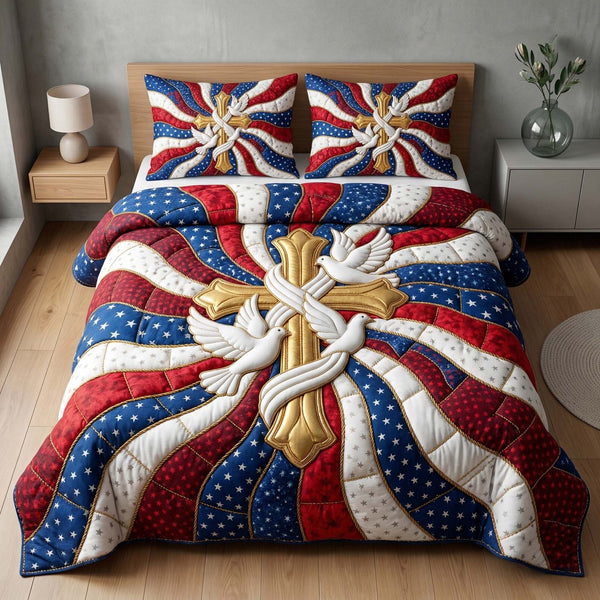 Patriotic Dove quilted 3-piece bedding set on a made bed in a warmly lit bedroom
