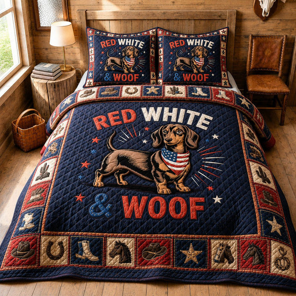 Patriotic Doxie Cowboy quilted 3-piece bedding set on a made bed in a warmly lit bedroom