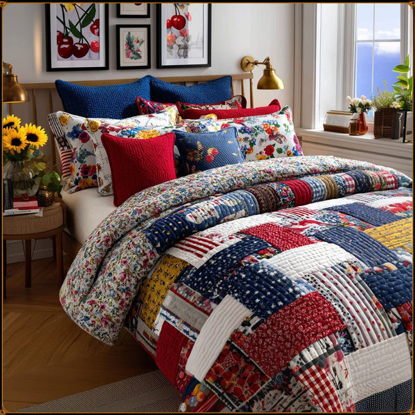 Patriotic Dream quilted 3-piece bedding set on a made bed in a warmly lit bedroom