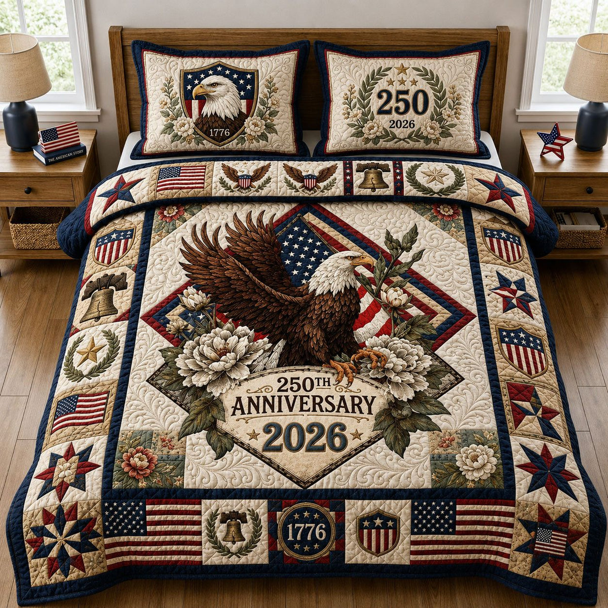 Patriotic Eagle Floral quilted 3-piece bedding set on a made bed in a warmly lit bedroom