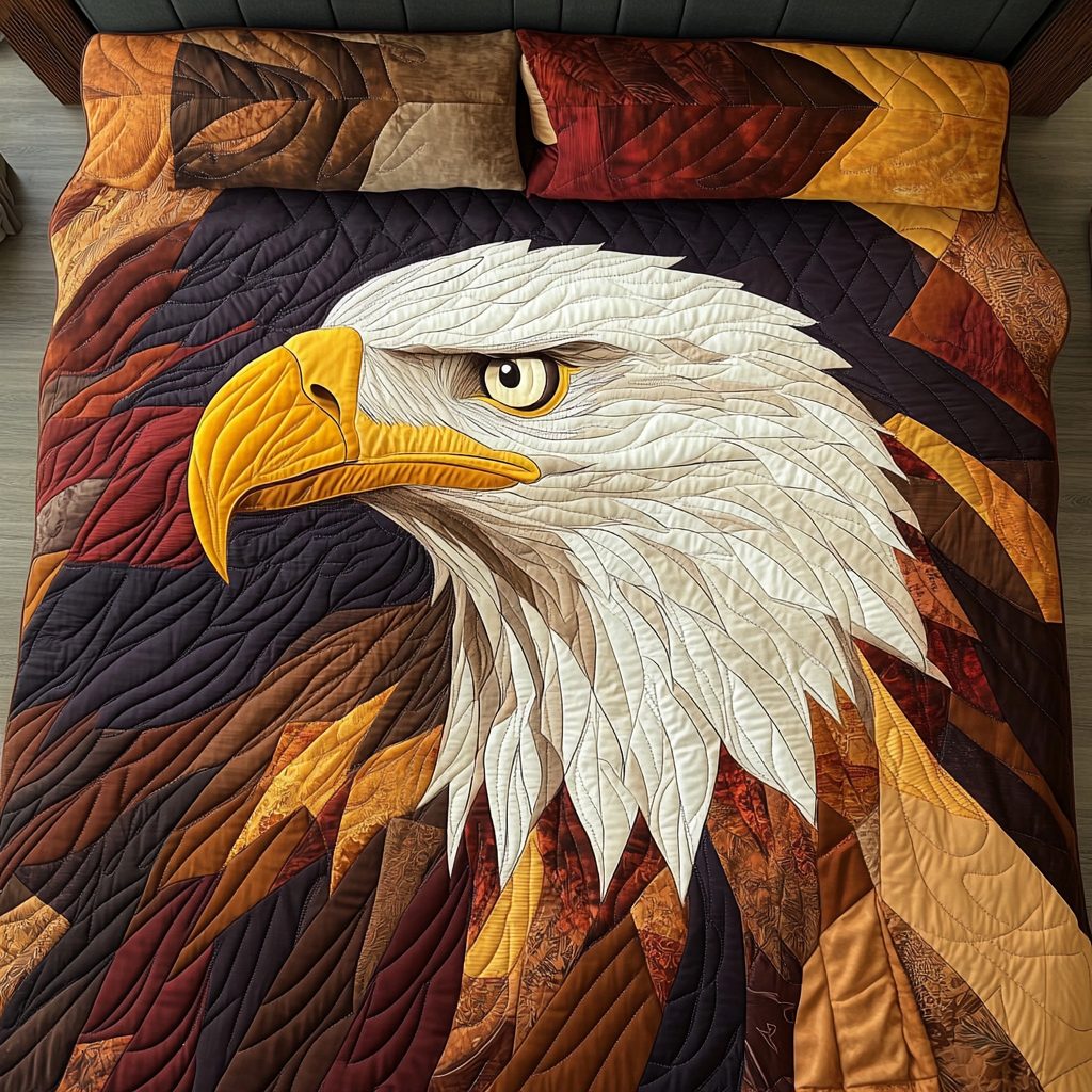 Patriotic Eagle quilted 3-piece bedding set on a made bed in a warmly lit bedroom