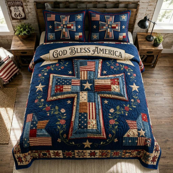 Patriotic Faith Cross quilted 3-piece bedding set on a made bed in a warmly lit bedroom