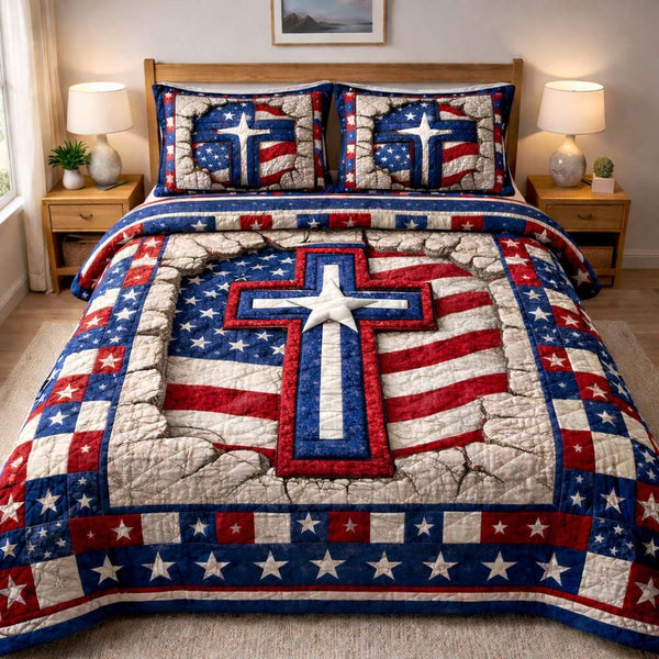 Patriotic Faith Cross quilted 3-piece bedding set on a made bed in a warmly lit bedroom