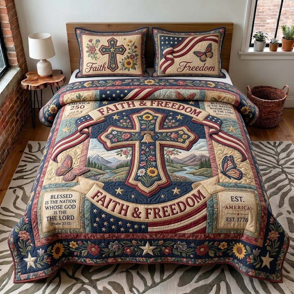 Patriotic Faith quilted 3-piece bedding set on a made bed in a warmly lit bedroom