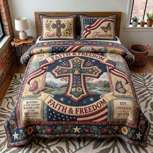 Patriotic Faith quilted 3-piece bedding set on a made bed in a warmly lit bedroom