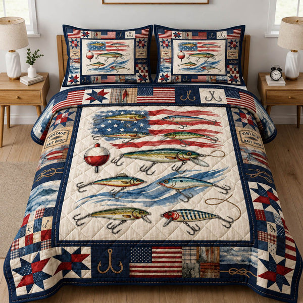 Patriotic Fishing quilted 3-piece bedding set on a made bed in a warmly lit bedroom