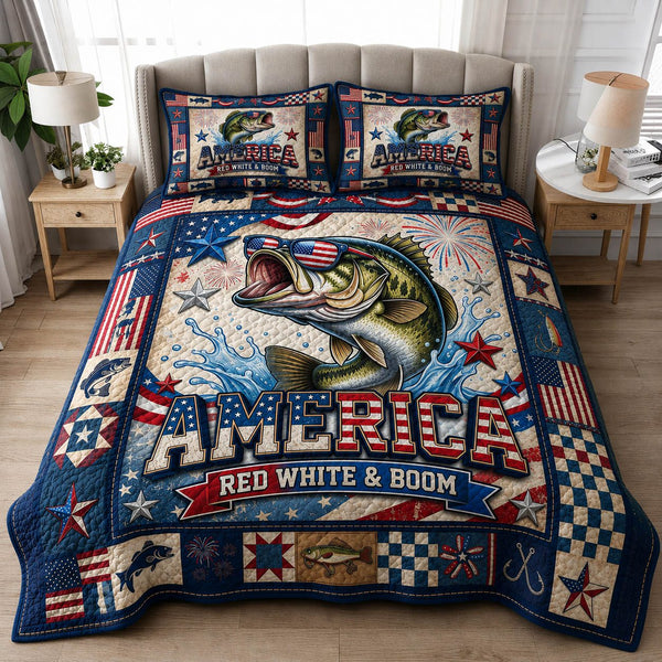 Patriotic Fishing quilted 3-piece bedding set on a made bed in a warmly lit bedroom