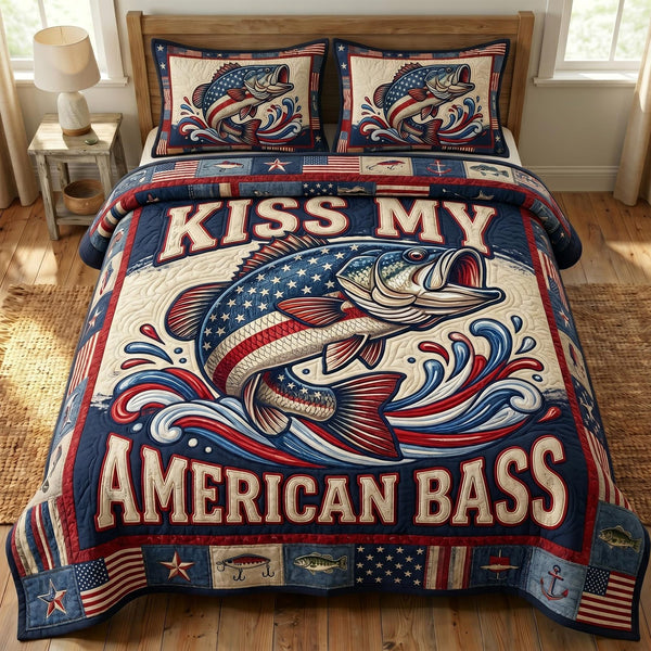 Patriotic Fishing quilted 3-piece bedding set on a made bed in a warmly lit bedroom