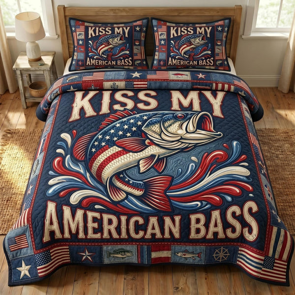 Patriotic Fishing quilted 3-piece bedding set on a made bed in a warmly lit bedroom