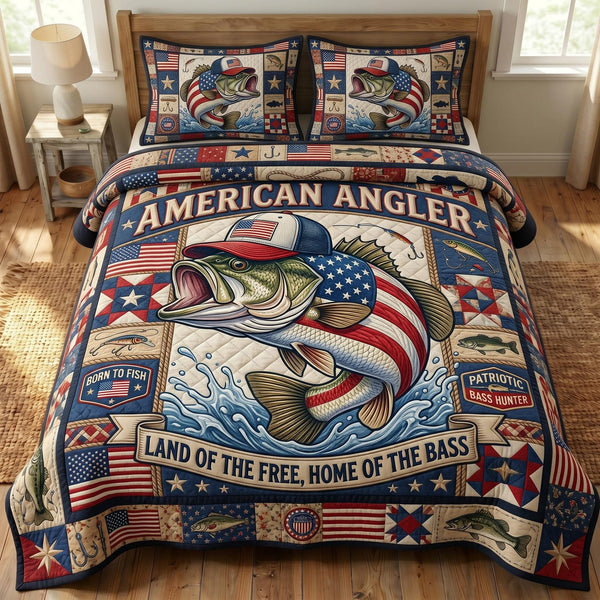 Patriotic Fishing quilted 3-piece bedding set on a made bed in a warmly lit bedroom