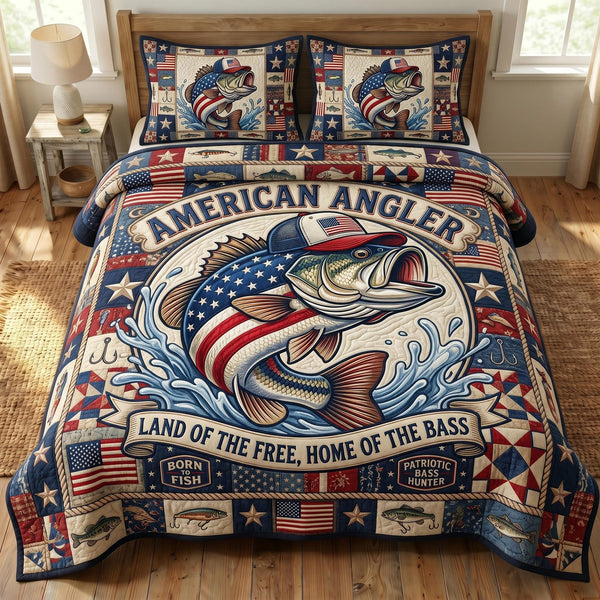 Patriotic Fishing quilted 3-piece bedding set on a made bed in a warmly lit bedroom