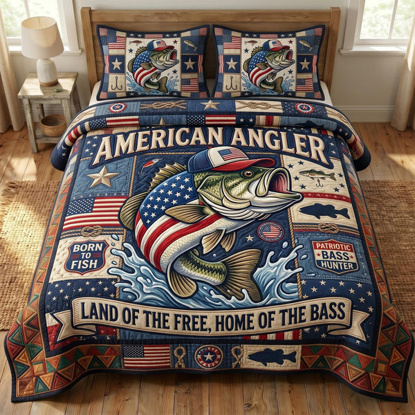 Patriotic Fishing quilted 3-piece bedding set on a made bed in a warmly lit bedroom