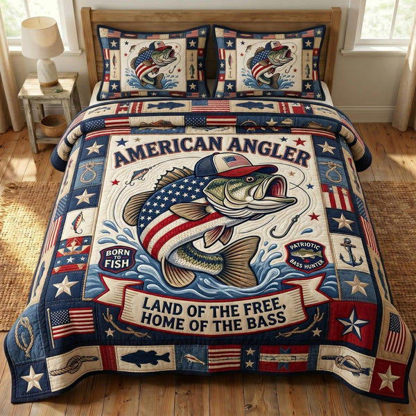 Patriotic Fishing quilted 3-piece bedding set on a made bed in a warmly lit bedroom