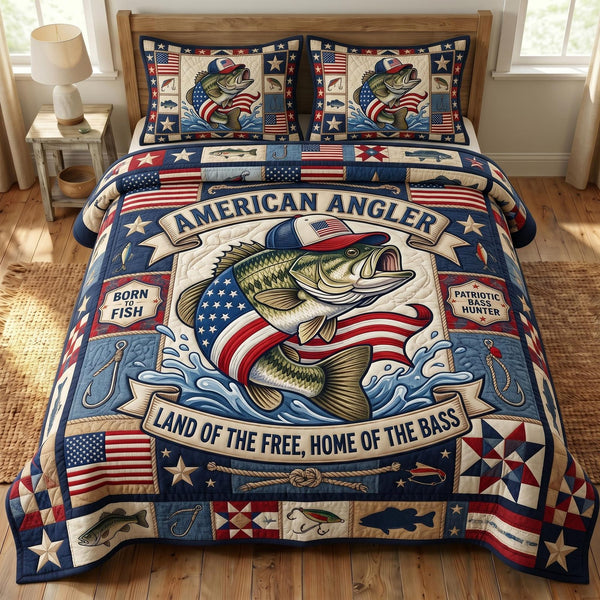 Patriotic Fishing quilted 3-piece bedding set on a made bed in a warmly lit bedroom