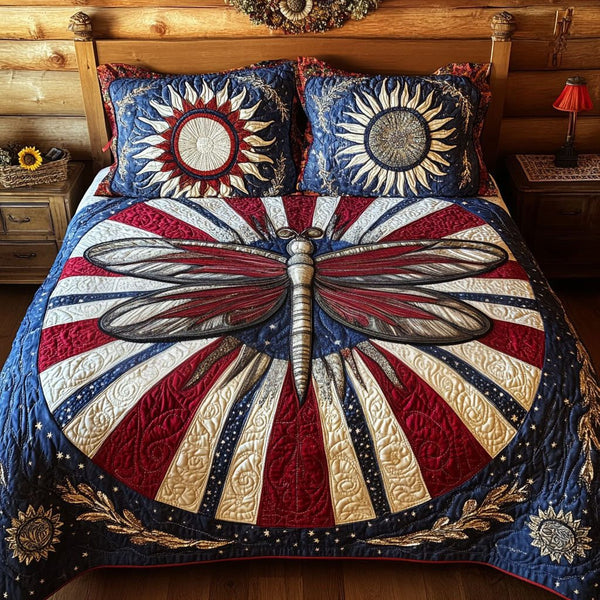 Patriotic Flight quilted 3-piece bedding set on a made bed in a warmly lit bedroom