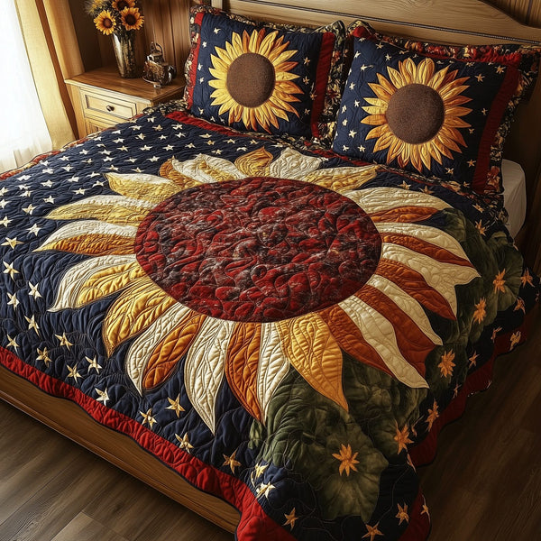 Patriotic Flower quilted 3-piece bedding set on a made bed in a warmly lit bedroom