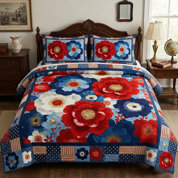 Patriotic Garden quilted 3-piece bedding set on a made bed in a warmly lit bedroom
