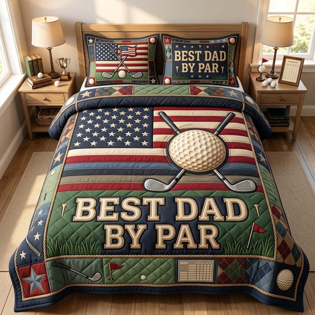Patriotic Golf Dad quilted 3-piece bedding set on a made bed in a warmly lit bedroom
