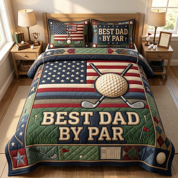 Patriotic Golf Dad quilted 3-piece bedding set on a made bed in a warmly lit bedroom
