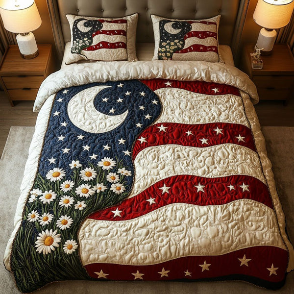 Patriotic Harmony quilted 3-piece bedding set on a made bed in a warmly lit bedroom