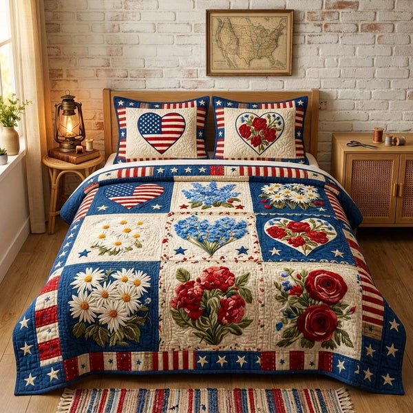 Patriotic Heart quilted 3-piece bedding set on a made bed in a warmly lit bedroom