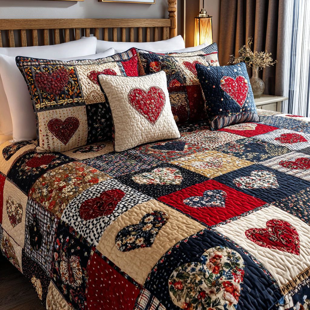 Patriotic Heart quilted 3-piece bedding set on a made bed in a warmly lit bedroom