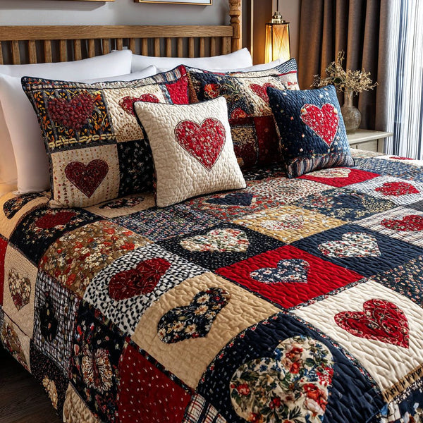 Patriotic Heart quilted 3-piece bedding set on a made bed in a warmly lit bedroom
