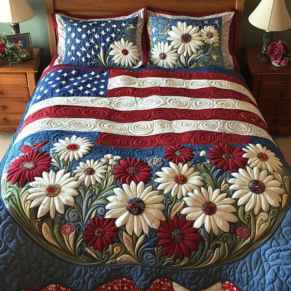 Patriotic Heartland quilted 3-piece bedding set on a made bed in a warmly lit bedroom