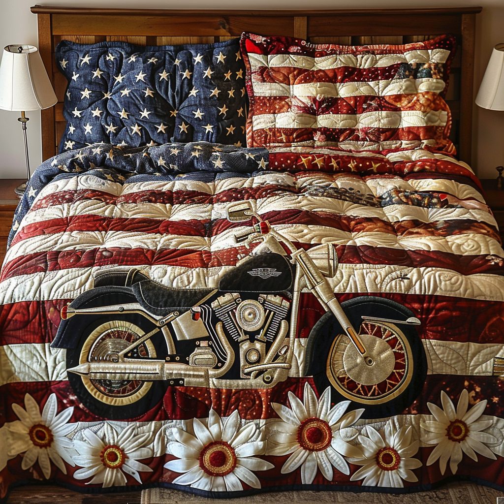 Patriotic Highway quilted 3-piece bedding set on a made bed in a warmly lit bedroom