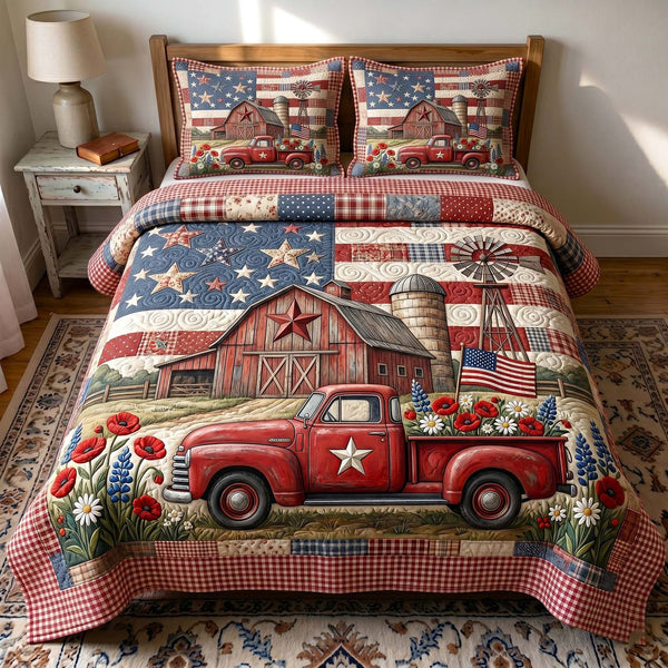 Patriotic Homestead quilted 3-piece bedding set on a made bed in a warmly lit bedroom