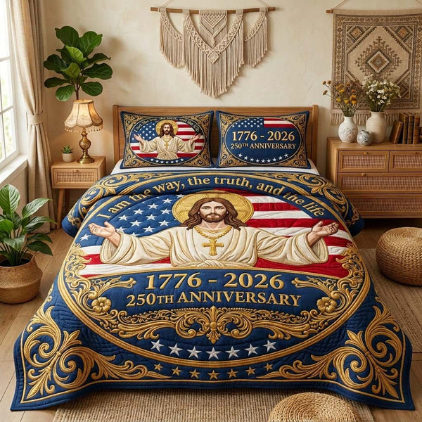 Patriotic Jesus quilted 3-piece bedding set on a made bed in a warmly lit bedroom