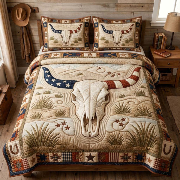 Patriotic Longhorn quilted 3-piece bedding set on a made bed in a warmly lit bedroom