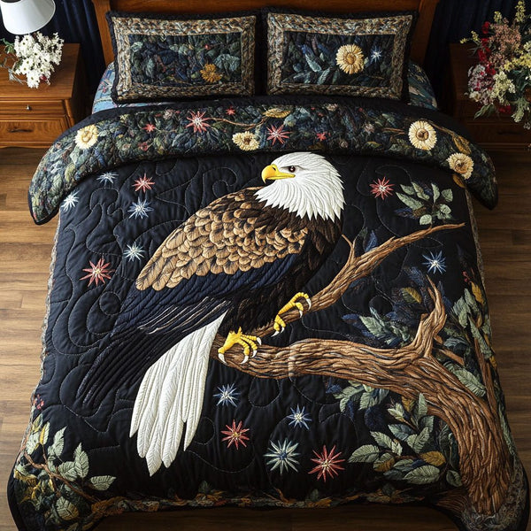 Patriotic Majesty quilted 3-piece bedding set on a made bed in a warmly lit bedroom