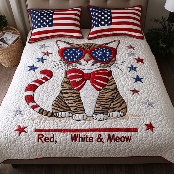 Patriotic Meow quilted 3-piece bedding set on a made bed in a warmly lit bedroom