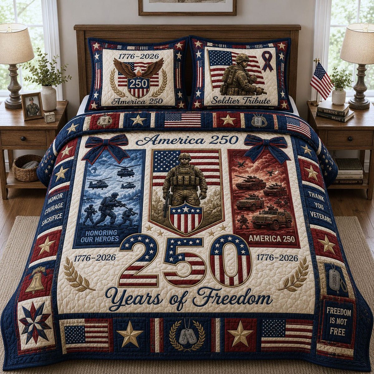 Patriotic Military Veteran quilted 3-piece bedding set on a made bed in a warmly lit bedroom