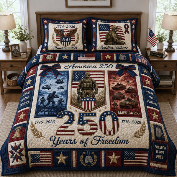 Patriotic Military Veteran quilted 3-piece bedding set on a made bed in a warmly lit bedroom