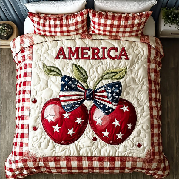 Patriotic Pop quilted 3-piece bedding set on a made bed in a warmly lit bedroom
