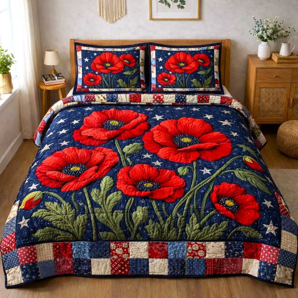 Patriotic Poppy quilted 3-piece bedding set on a made bed in a warmly lit bedroom