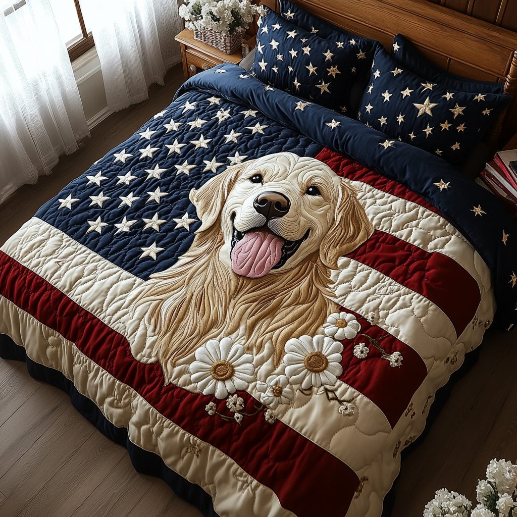 Patriotic Retriever quilted 3-piece bedding set on a made bed in a warmly lit bedroom