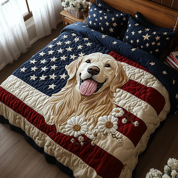 Patriotic Retriever quilted 3-piece bedding set on a made bed in a warmly lit bedroom