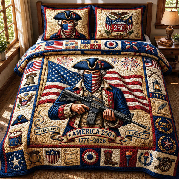 Patriotic Revolutionary Soldier quilted 3-piece bedding set on a made bed in a warmly lit bedroom