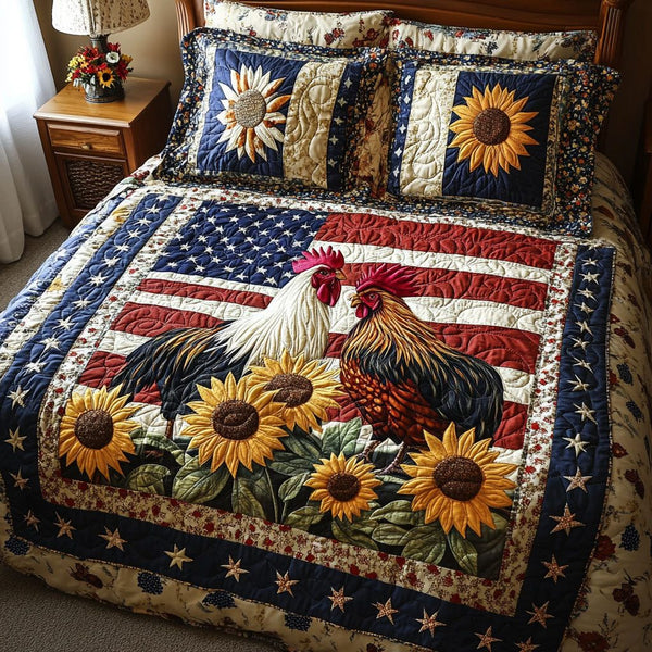 Patriotic Rooster quilted 3-piece bedding set on a made bed in a warmly lit bedroom