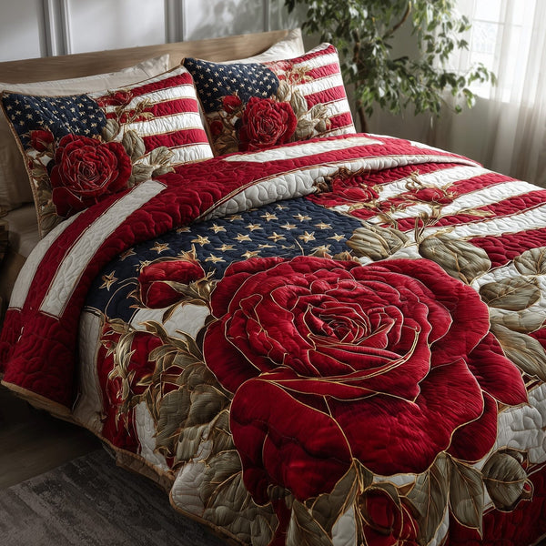 Patriotic Rose quilted 3-piece bedding set on a made bed in a warmly lit bedroom