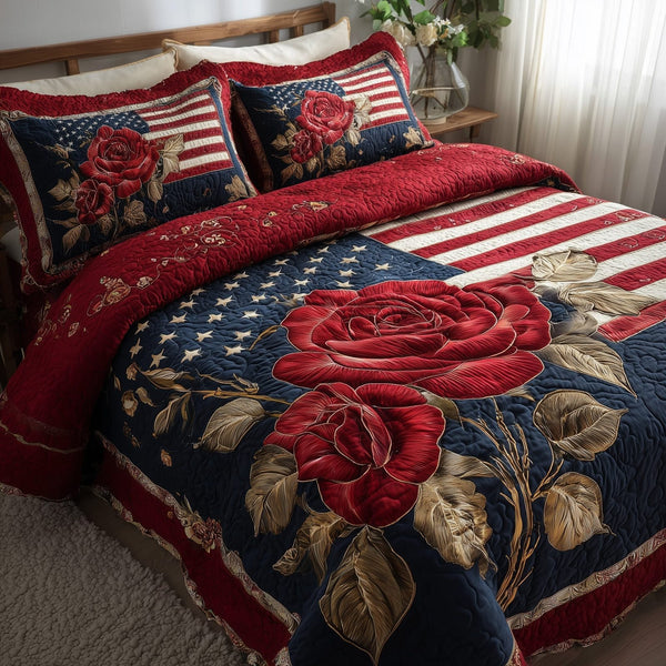 Patriotic Rose quilted 3-piece bedding set on a made bed in a warmly lit bedroom