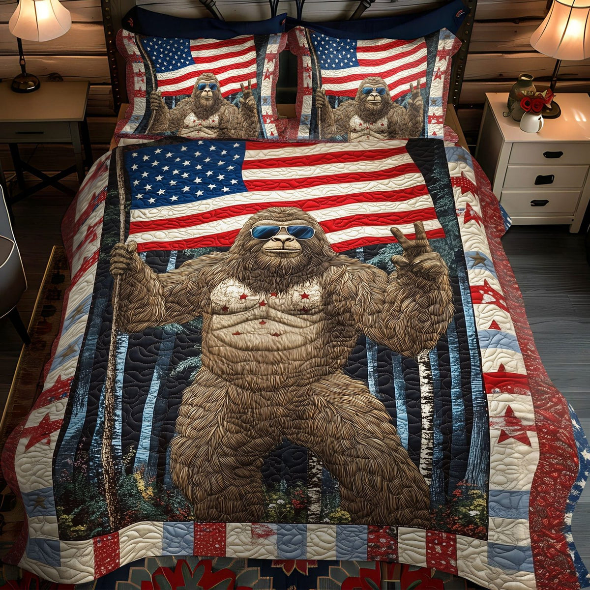 Patriotic Sasquatch quilted 3-piece bedding set on a made bed in a warmly lit bedroom