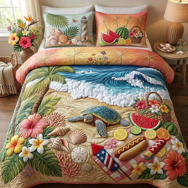 Patriotic Shore quilted 3-piece bedding set on a made bed in a warmly lit bedroom